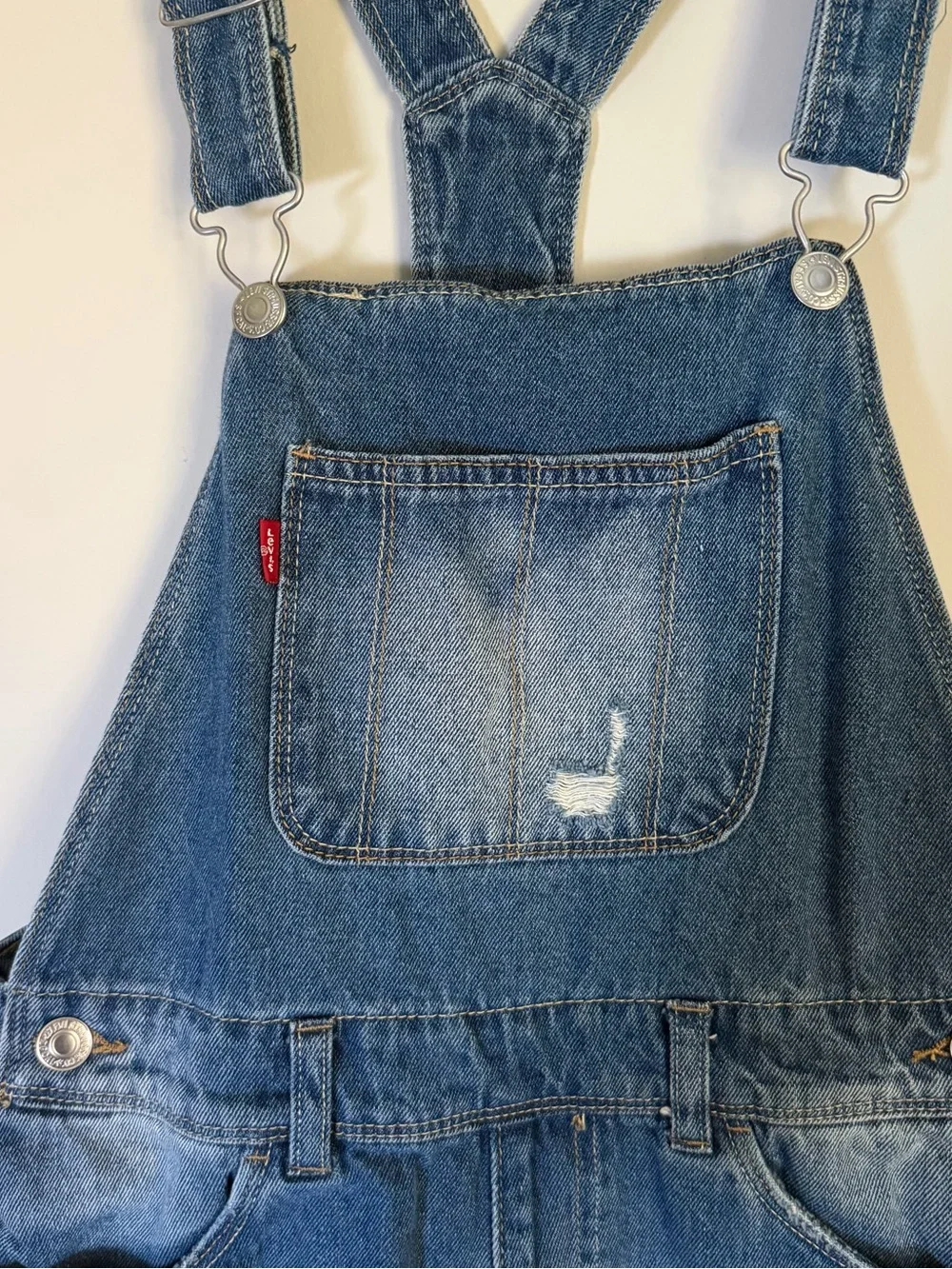 Levi's Blue Denim Shortall Overall Shorts Button‎ Adjustable Straps Pockets 12